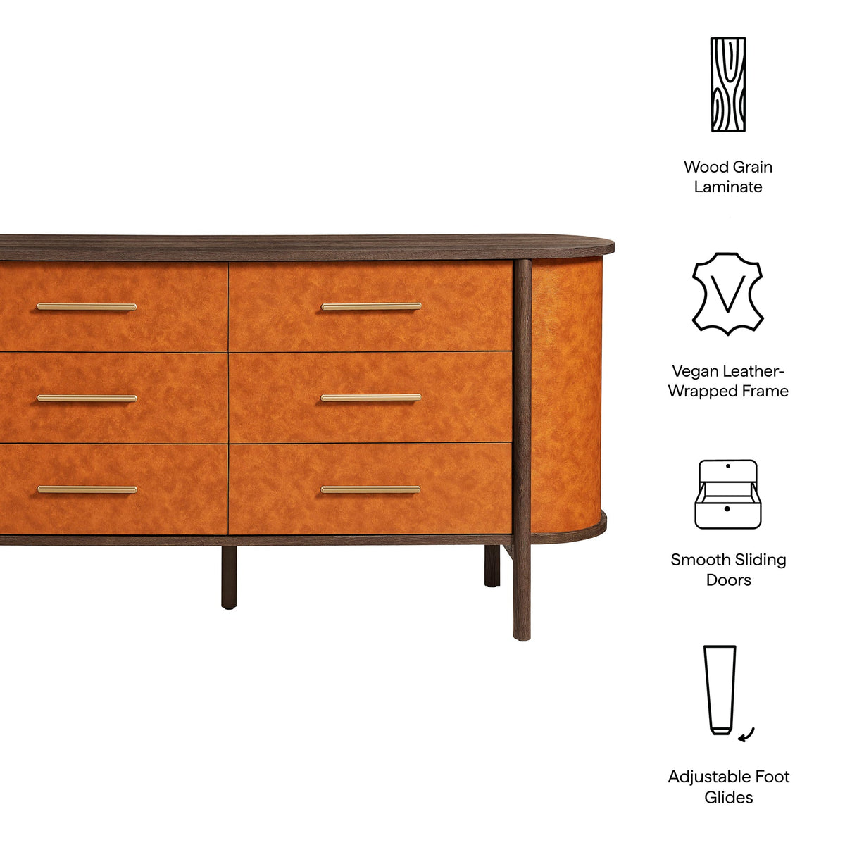 Coralie Walnut/Tan Curved 6-Drawer Vegan Leather Oval Dresser - Ornate Home