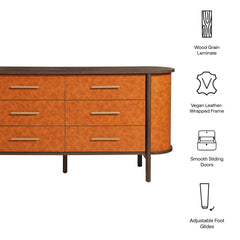 Coralie Walnut/Tan Curved 6-Drawer Vegan Leather Oval Dresser - Ornate Home