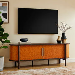 Coralie Walnut/Tan Curved 71" Vegan Leather Oval TV Stand - Ornate Home