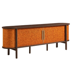 Coralie Walnut/Tan Curved 71" Vegan Leather Oval TV Stand - Ornate Home