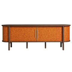 Coralie Walnut/Tan Curved 71" Vegan Leather Oval TV Stand - Ornate Home