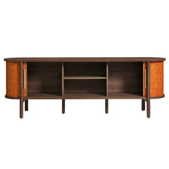 Coralie Walnut/Tan Curved 71" Vegan Leather Oval TV Stand - Ornate Home