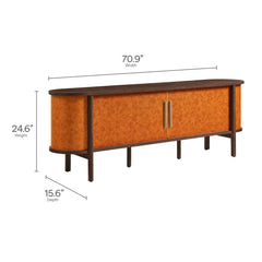 Coralie Walnut/Tan Curved 71" Vegan Leather Oval TV Stand - Ornate Home