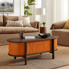Coralie Walnut/Tan Curved Vegan Leather Oval Coffee Table - Ornate Home
