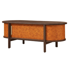 Coralie Walnut/Tan Curved Vegan Leather Oval Coffee Table - Ornate Home