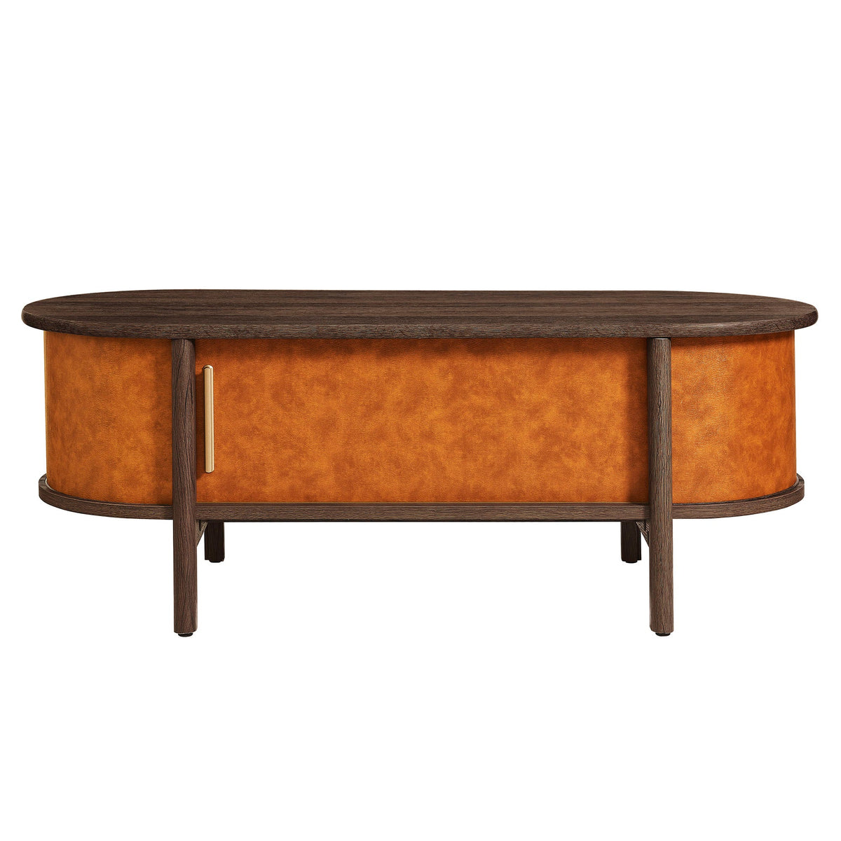 Coralie Walnut/Tan Curved Vegan Leather Oval Coffee Table - Ornate Home