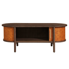 Coralie Walnut/Tan Curved Vegan Leather Oval Coffee Table - Ornate Home
