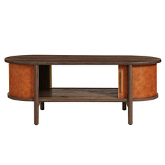 Coralie Walnut/Tan Curved Vegan Leather Oval Coffee Table - Ornate Home