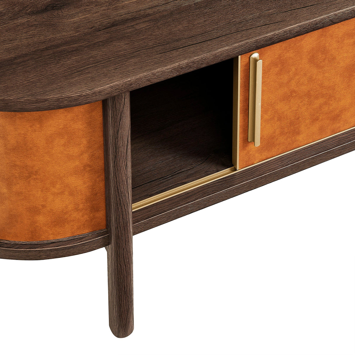 Coralie Walnut/Tan Curved Vegan Leather Oval Coffee Table - Ornate Home