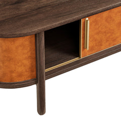 Coralie Walnut/Tan Curved Vegan Leather Oval Coffee Table - Ornate Home