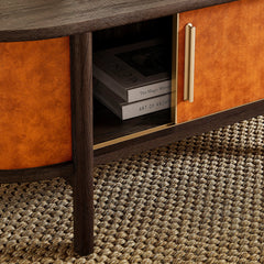 Coralie Walnut/Tan Curved Vegan Leather Oval Coffee Table - Ornate Home