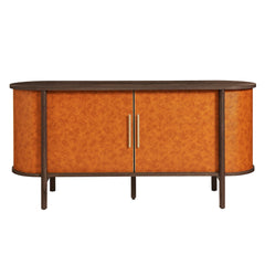 Coralie Walnut/Tan Curved Vegan Leather Oval Sideboard - Ornate Home