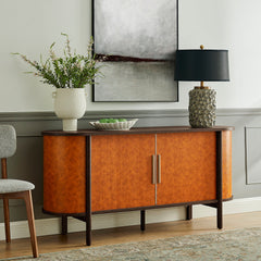 Coralie Walnut/Tan Curved Vegan Leather Oval Sideboard - Ornate Home