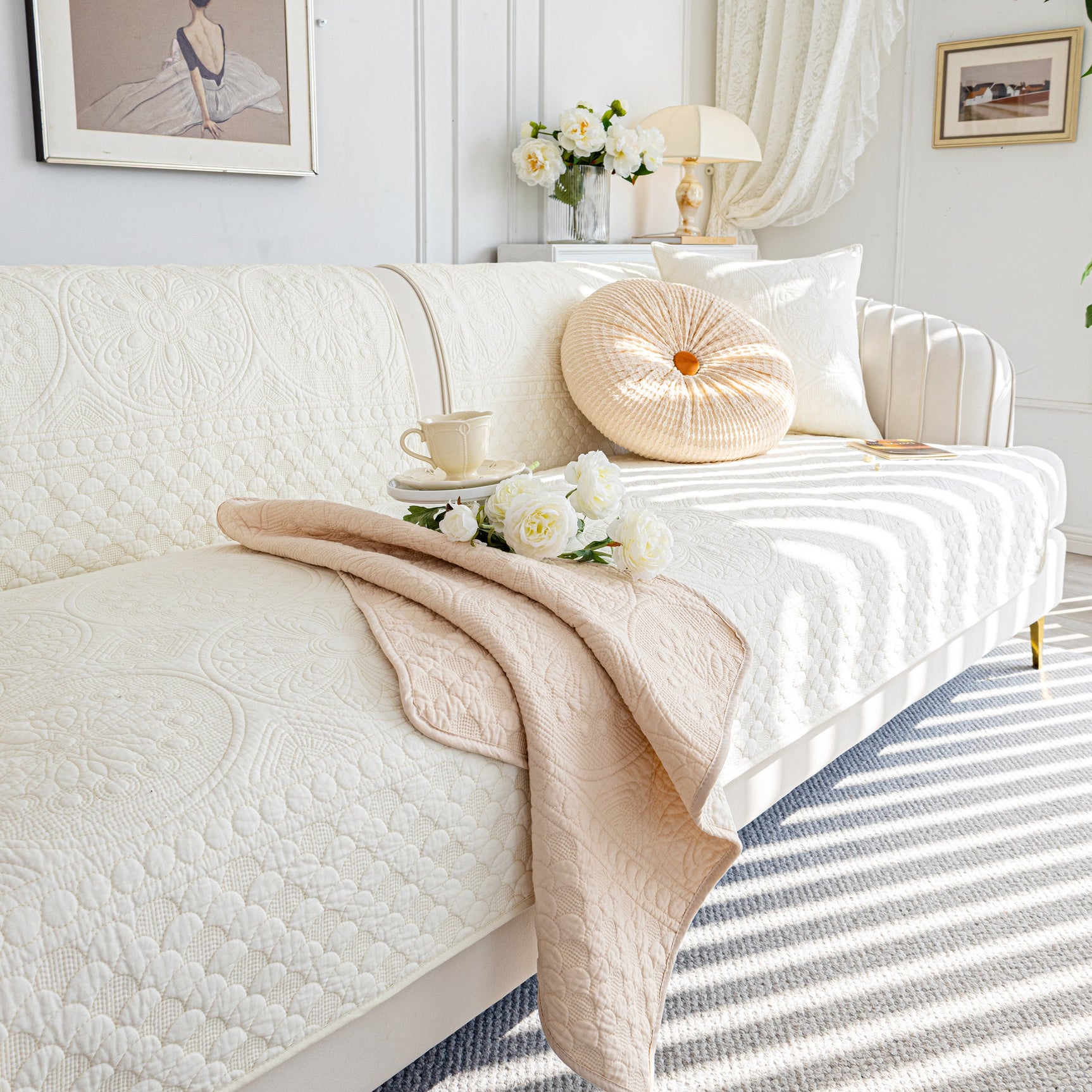 Cotton Quilted Sofa Cover, Non-Slip Couch Protector Fits Backrest, Seat & Armrest - Ornate Home