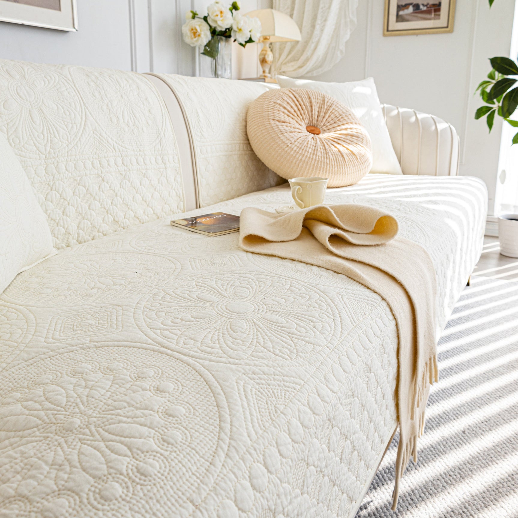Cotton Quilted Sofa Cover, Non-Slip Couch Protector Fits Backrest, Seat & Armrest - Ornate Home