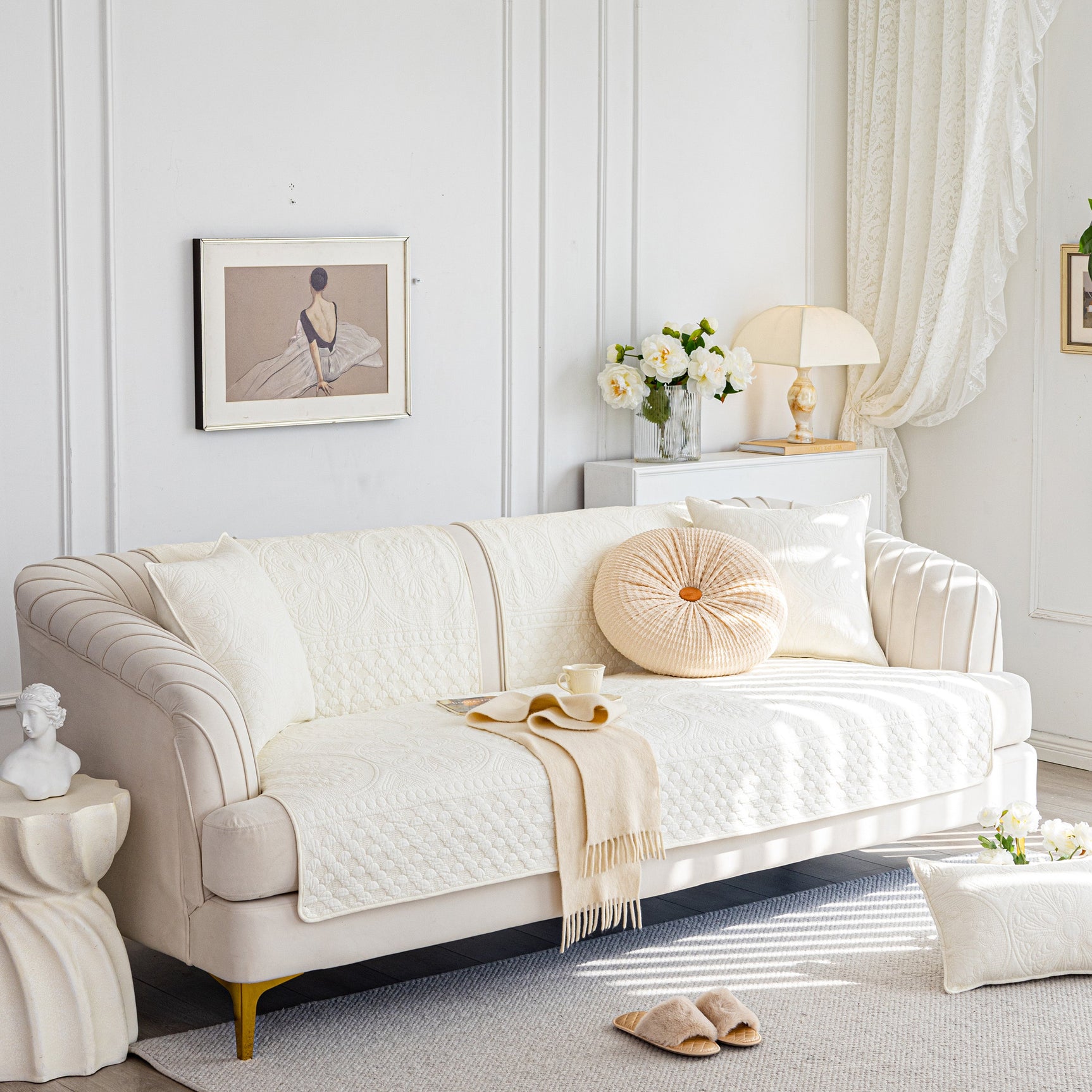 Cotton Quilted Sofa Cover, Non-Slip Couch Protector Fits Backrest, Seat & Armrest - Ornate Home