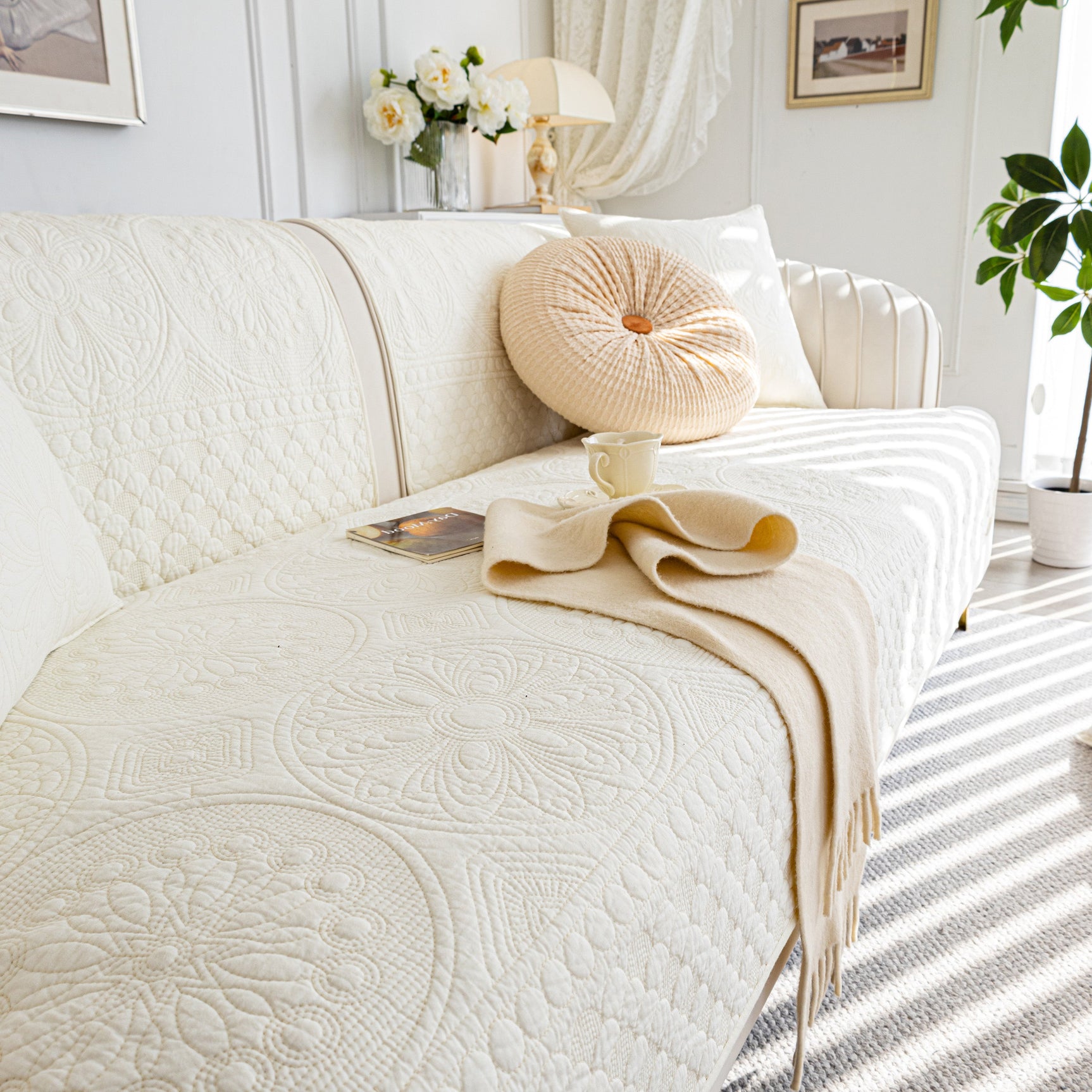 Cotton Quilted Sofa Cover, Non-Slip Couch Protector Fits Backrest, Seat & Armrest - Ornate Home