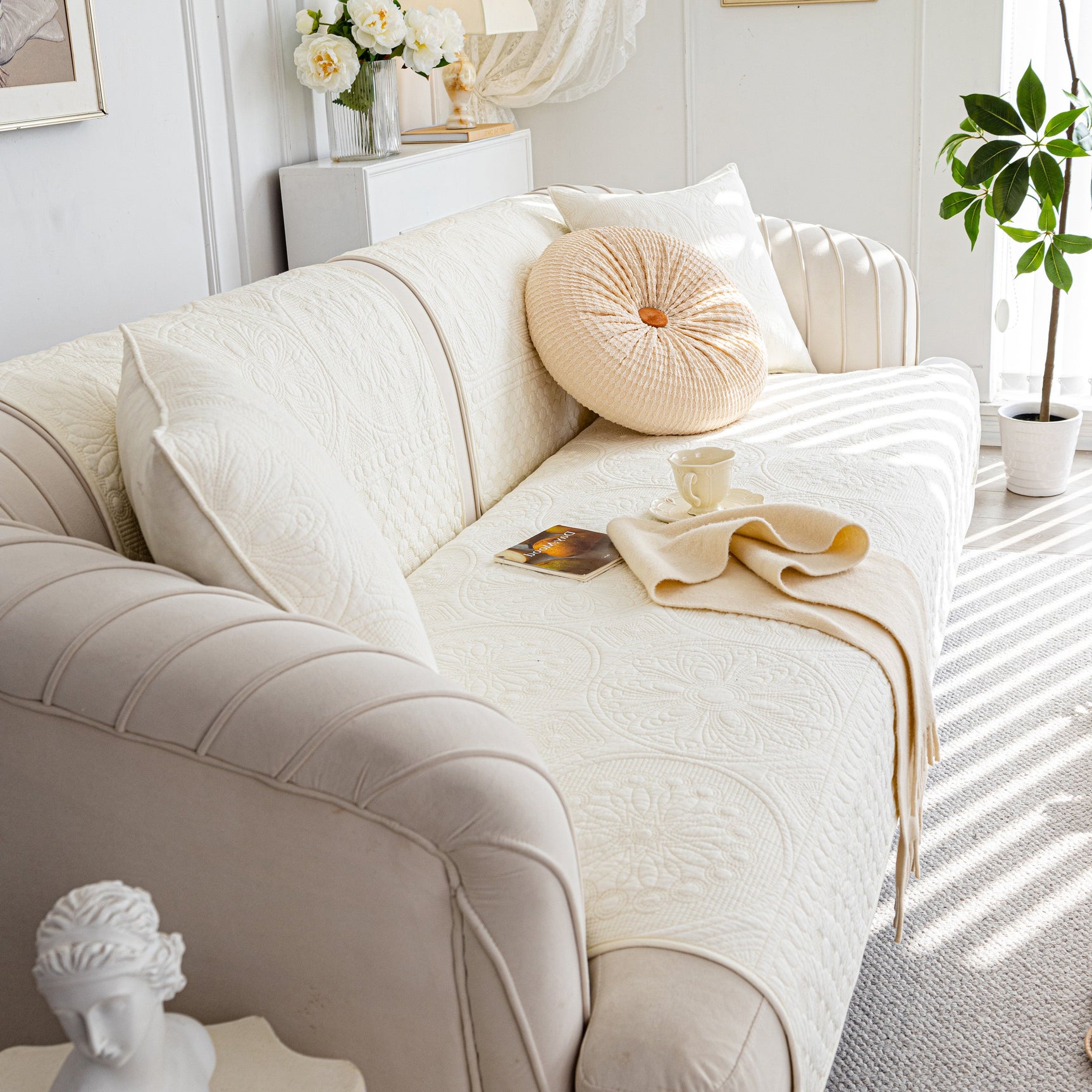 Cotton Quilted Sofa Cover, Non-Slip Couch Protector Fits Backrest, Seat & Armrest - Ornate Home