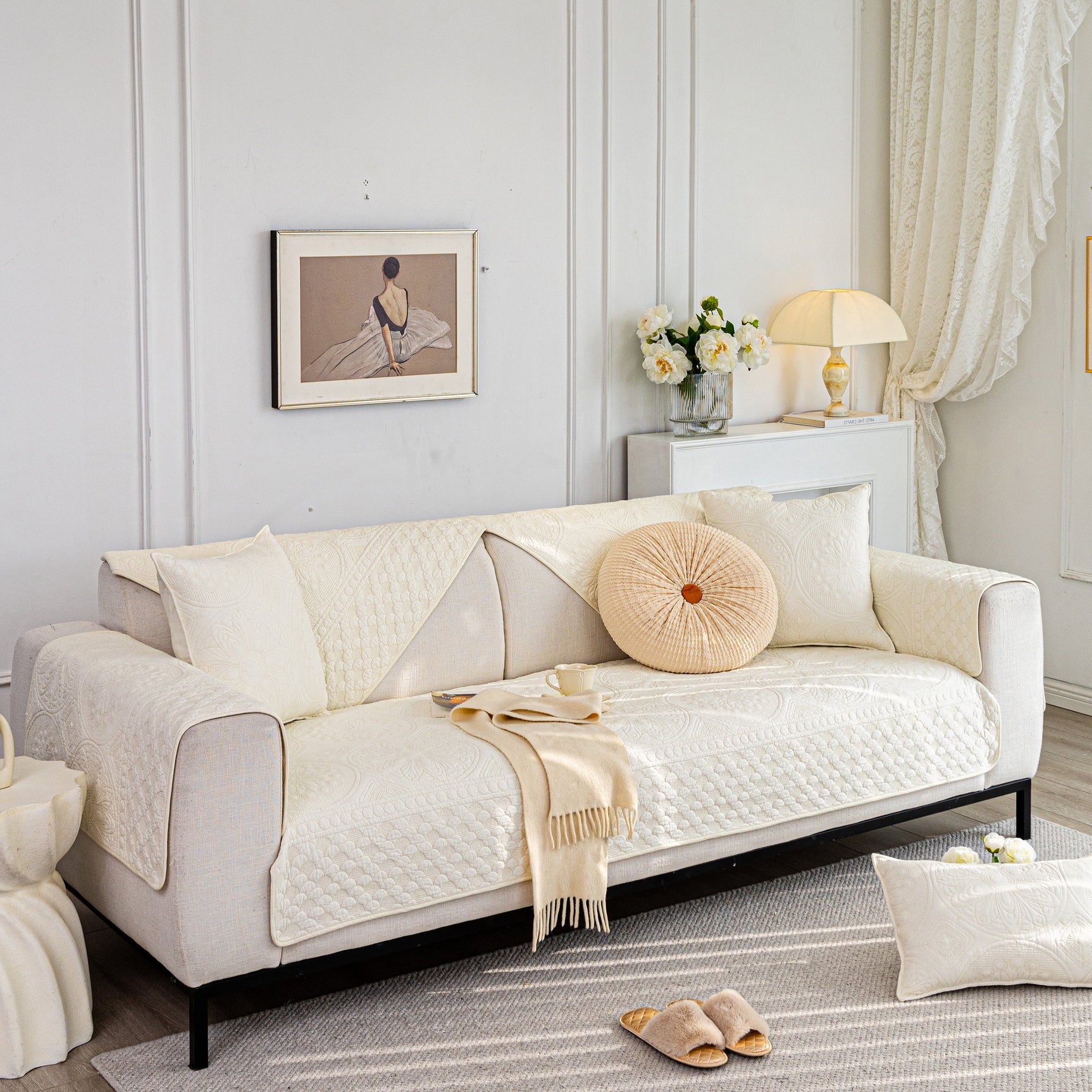 Cotton Quilted Sofa Cover, Non-Slip Couch Protector Fits Backrest, Seat & Armrest - Ornate Home