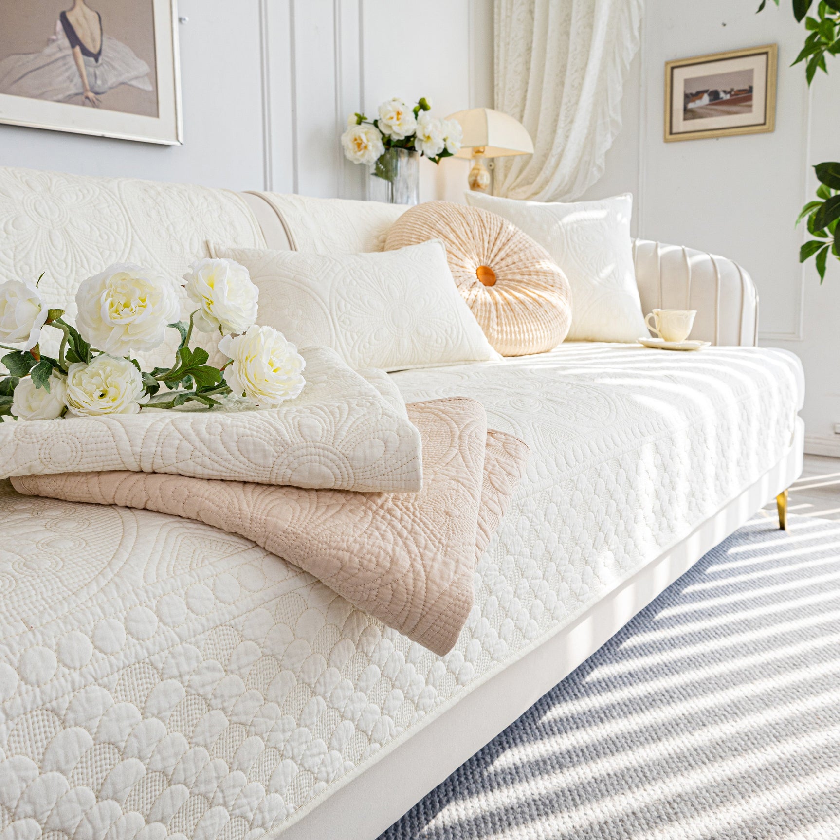 Cotton Quilted Sofa Cover, Non-Slip Couch Protector Fits Backrest, Seat & Armrest - Ornate Home