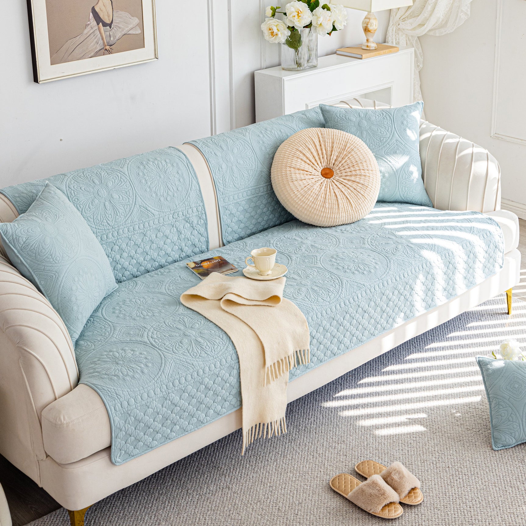 Cotton Quilted Sofa Cover, Non-Slip Couch Protector Fits Backrest, Seat & Armrest - Ornate Home