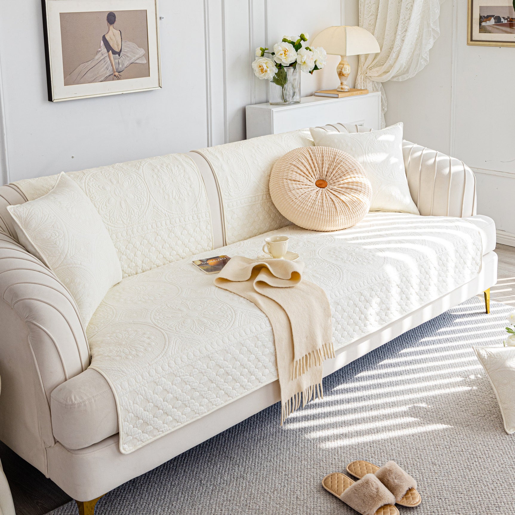 Cotton Quilted Sofa Cover, Non-Slip Couch Protector Fits Backrest, Seat & Armrest - Ornate Home