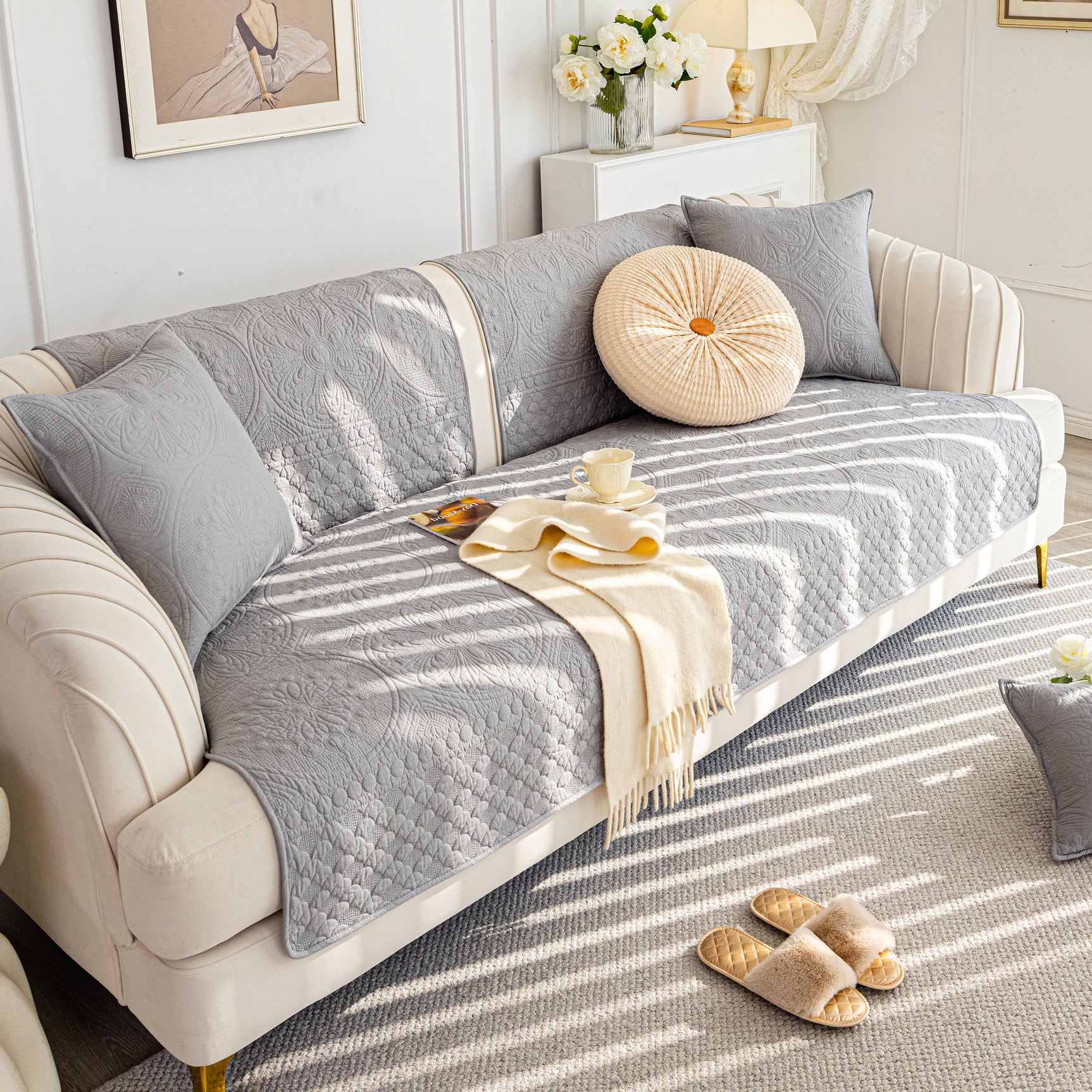 Cotton Quilted Sofa Cover, Non-Slip Couch Protector Fits Backrest, Seat & Armrest - Ornate Home