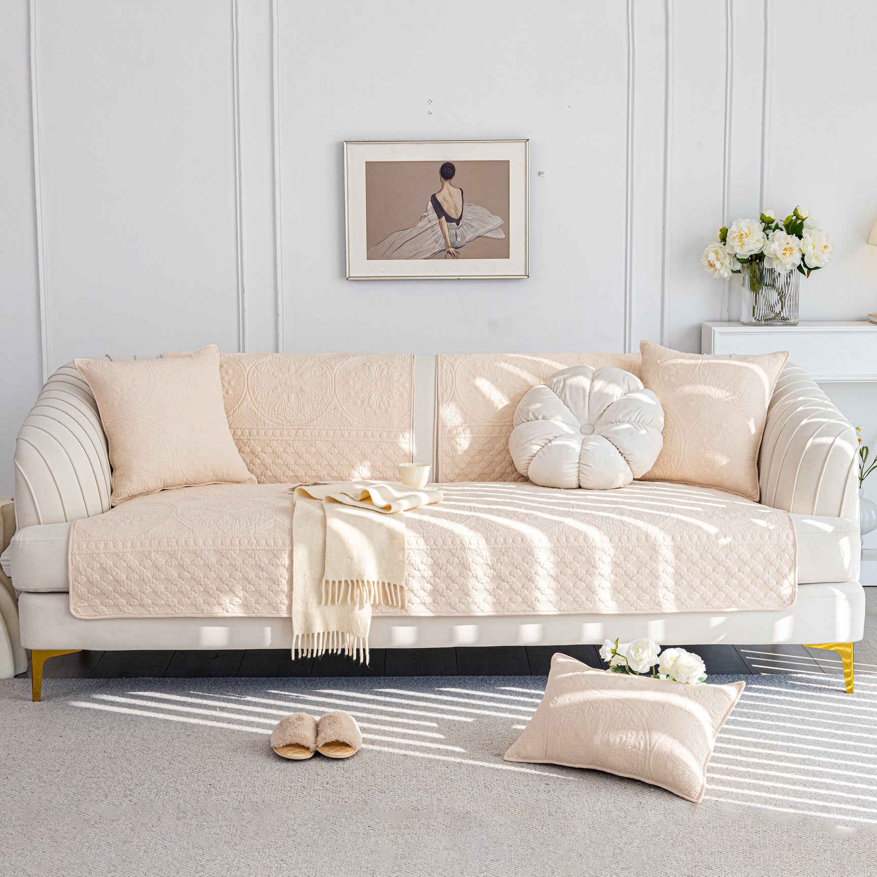 Cotton Quilted Sofa Cover, Non-Slip Couch Protector Fits Backrest, Seat & Armrest - Ornate Home