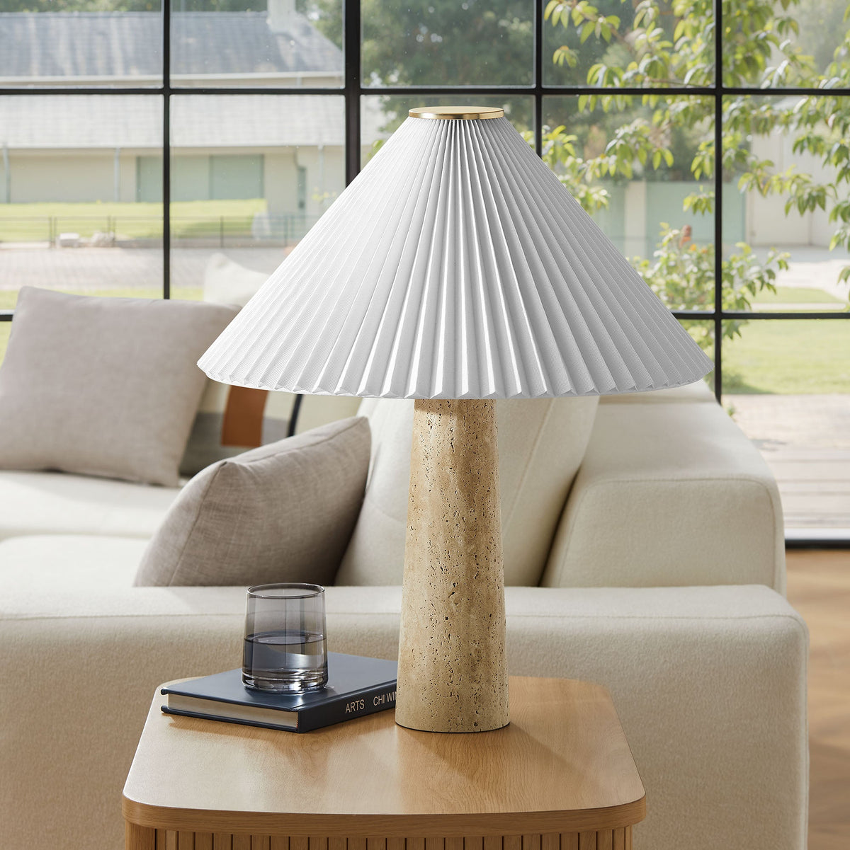 Cove Travertine Table Lamp With Pleated Shade - Ornate Home