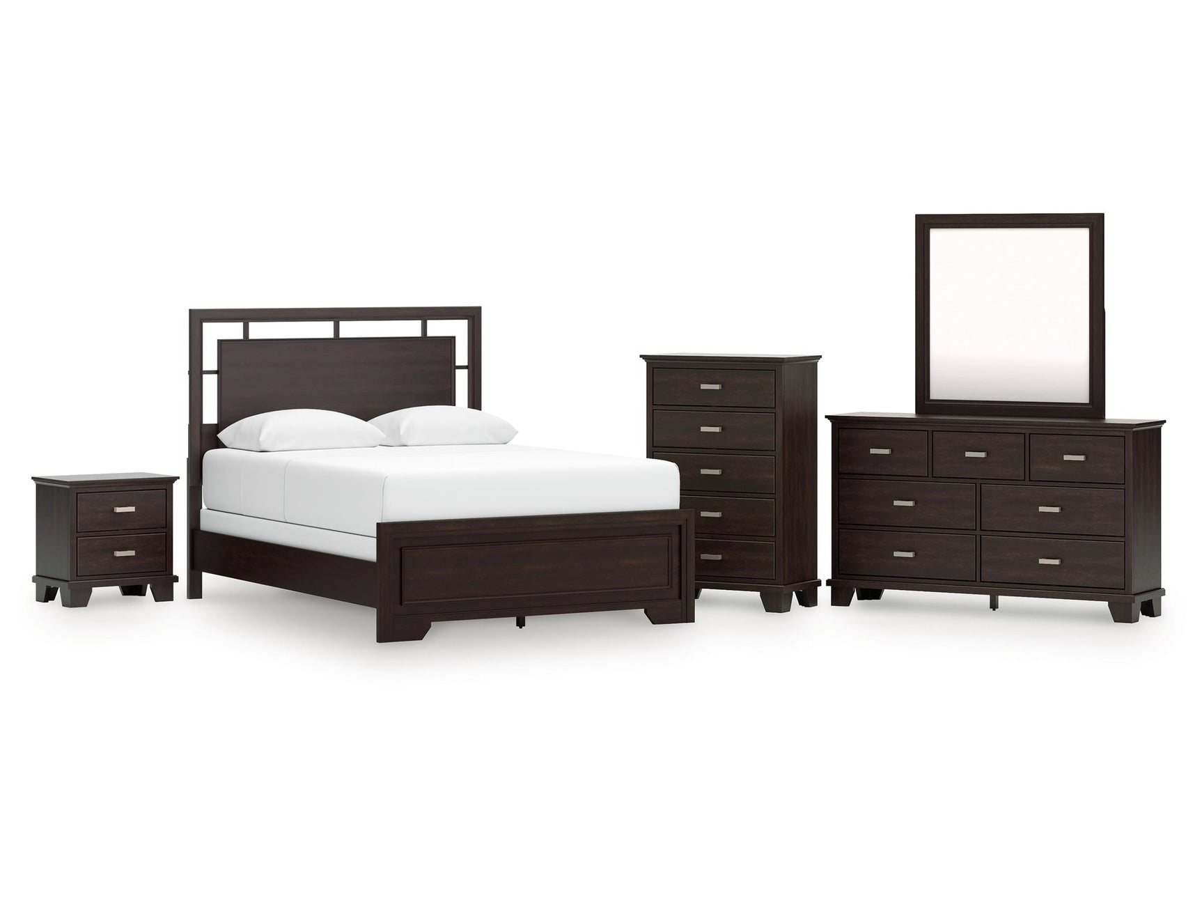 Covetown Dark Brown Queen Panel Bed, Dresser, Mirror, Chest and Nightstand - Ornate Home
