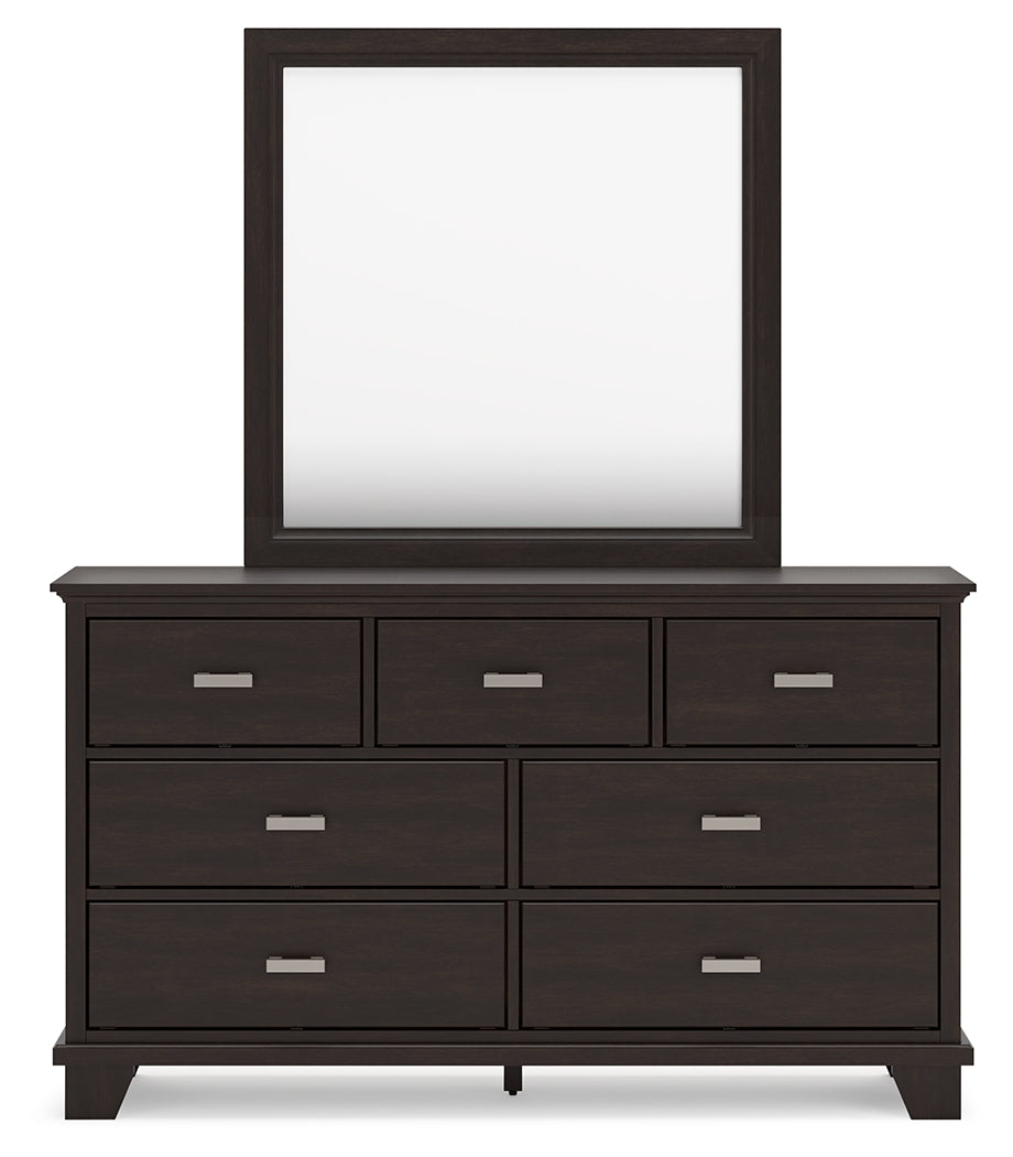 Covetown Dark Brown Queen Panel Bed, Dresser, Mirror, Chest and Nightstand - Ornate Home
