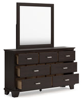 Covetown Dark Brown Queen Panel Bed, Dresser, Mirror, Chest and Nightstand - Ornate Home