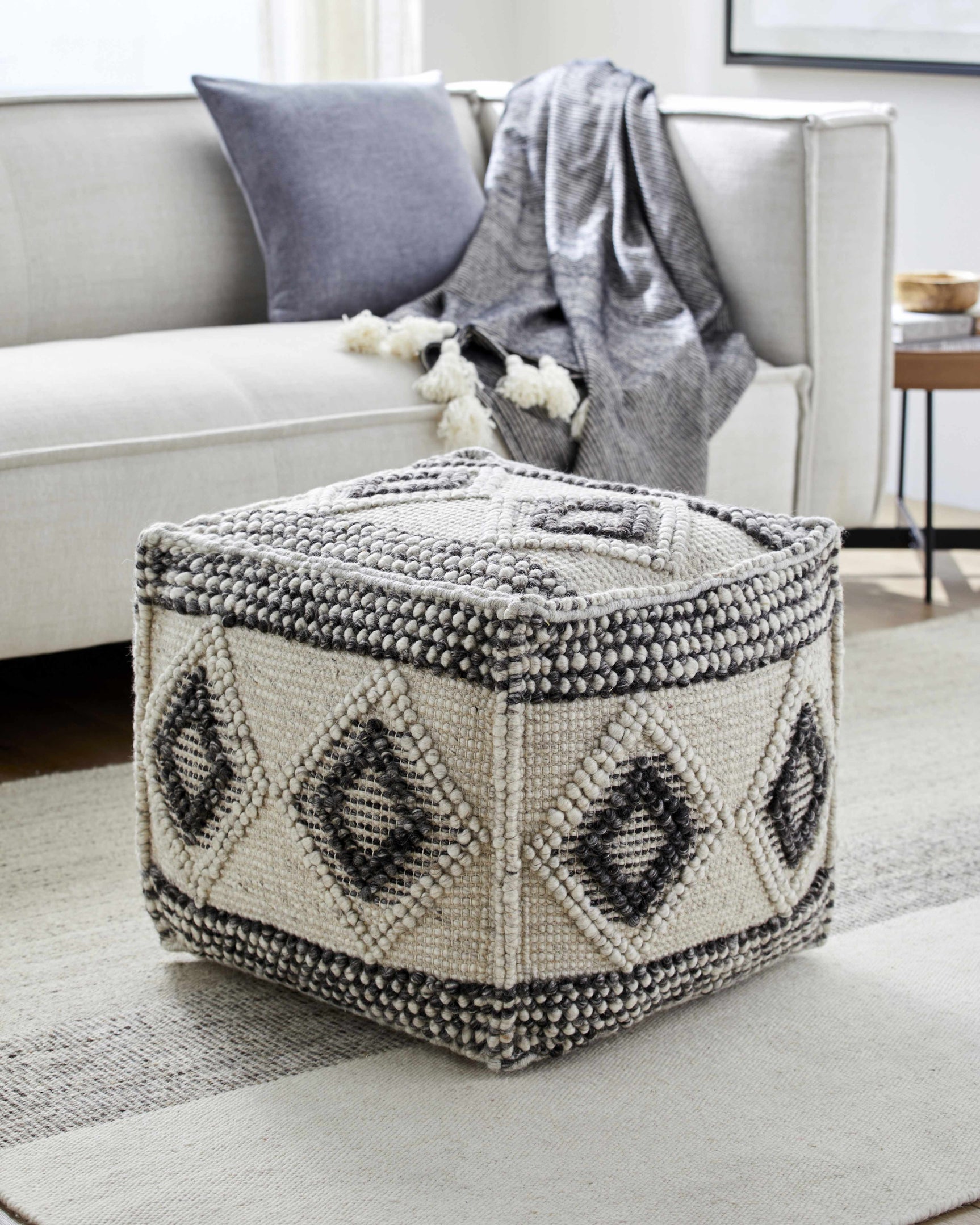 Cowanesque Beige Diamond-Patterned Square Pouf - Ornate Home
