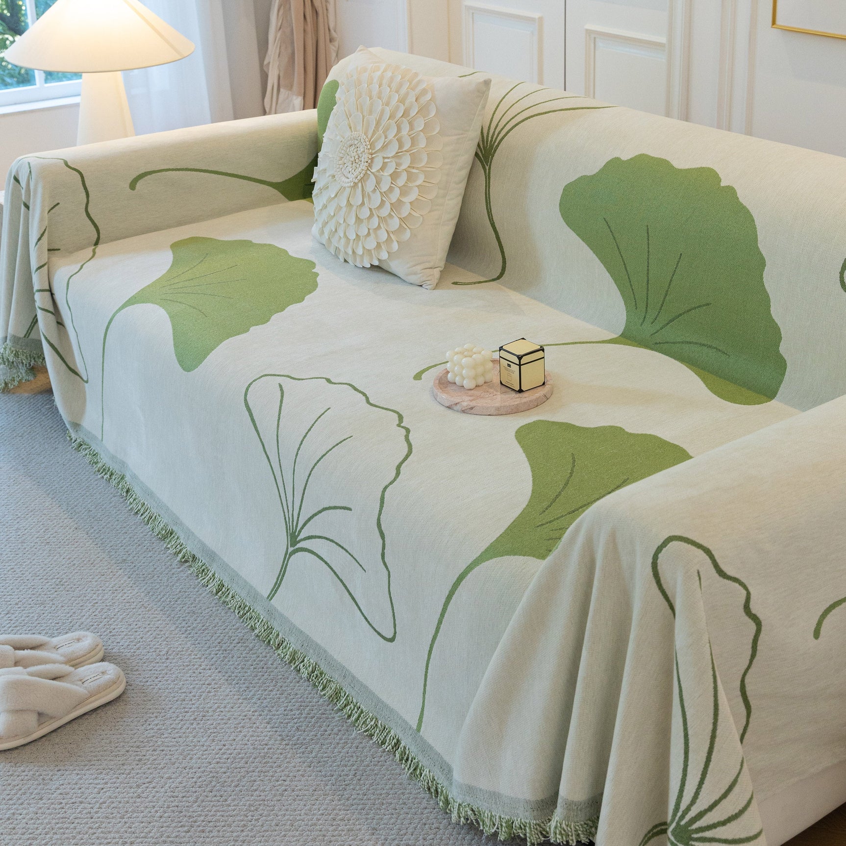Cozy Couch Throw Blanket with Tassels, Jacquard Leaf Pattern Furniture Protector - Ornate Home
