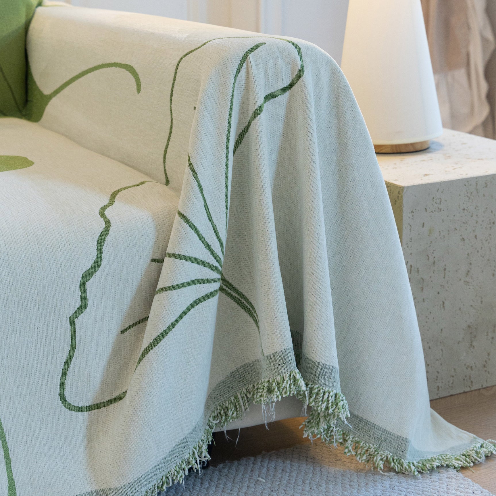 Cozy Couch Throw Blanket with Tassels, Jacquard Leaf Pattern Furniture Protector - Ornate Home