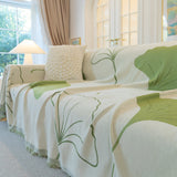 Cozy Couch Throw Blanket with Tassels, Jacquard Leaf Pattern Furniture Protector - Ornate Home
