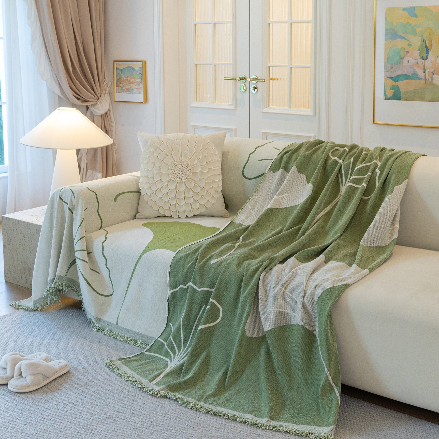 Cozy Couch Throw Blanket with Tassels, Jacquard Leaf Pattern Furniture Protector - Ornate Home