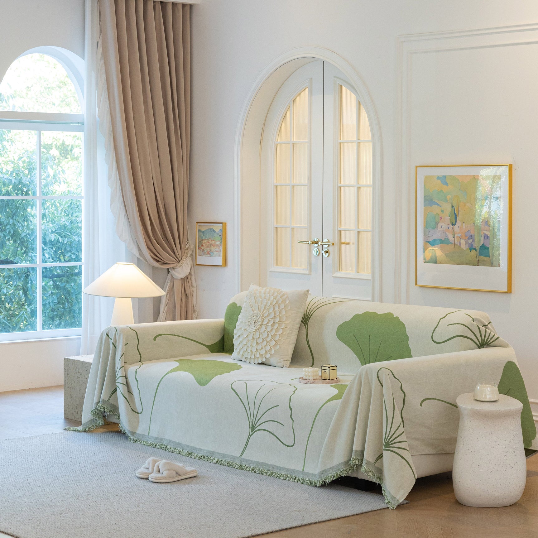 Cozy Couch Throw Blanket with Tassels, Jacquard Leaf Pattern Furniture Protector - Ornate Home