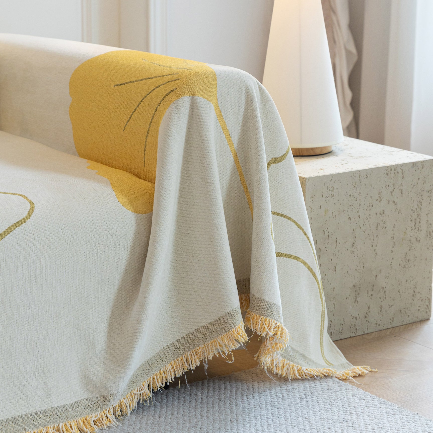 Cozy Couch Throw Blanket with Tassels, Jacquard Leaf Pattern Furniture Protector - Ornate Home