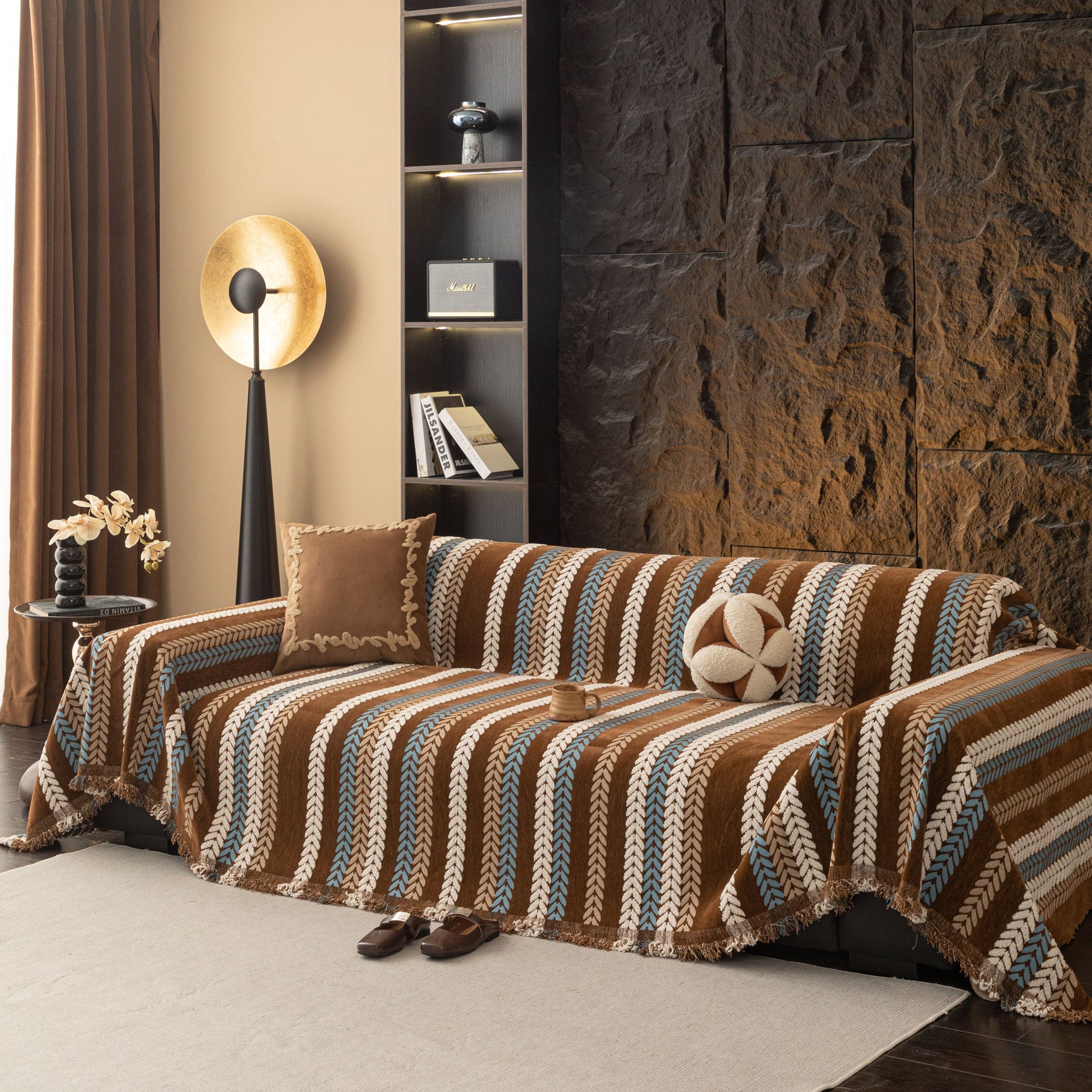 Cozy Decorative Throw Blanket for Couches, Boho Plush Woven Sofa Cover with Stripes - Ornate Home