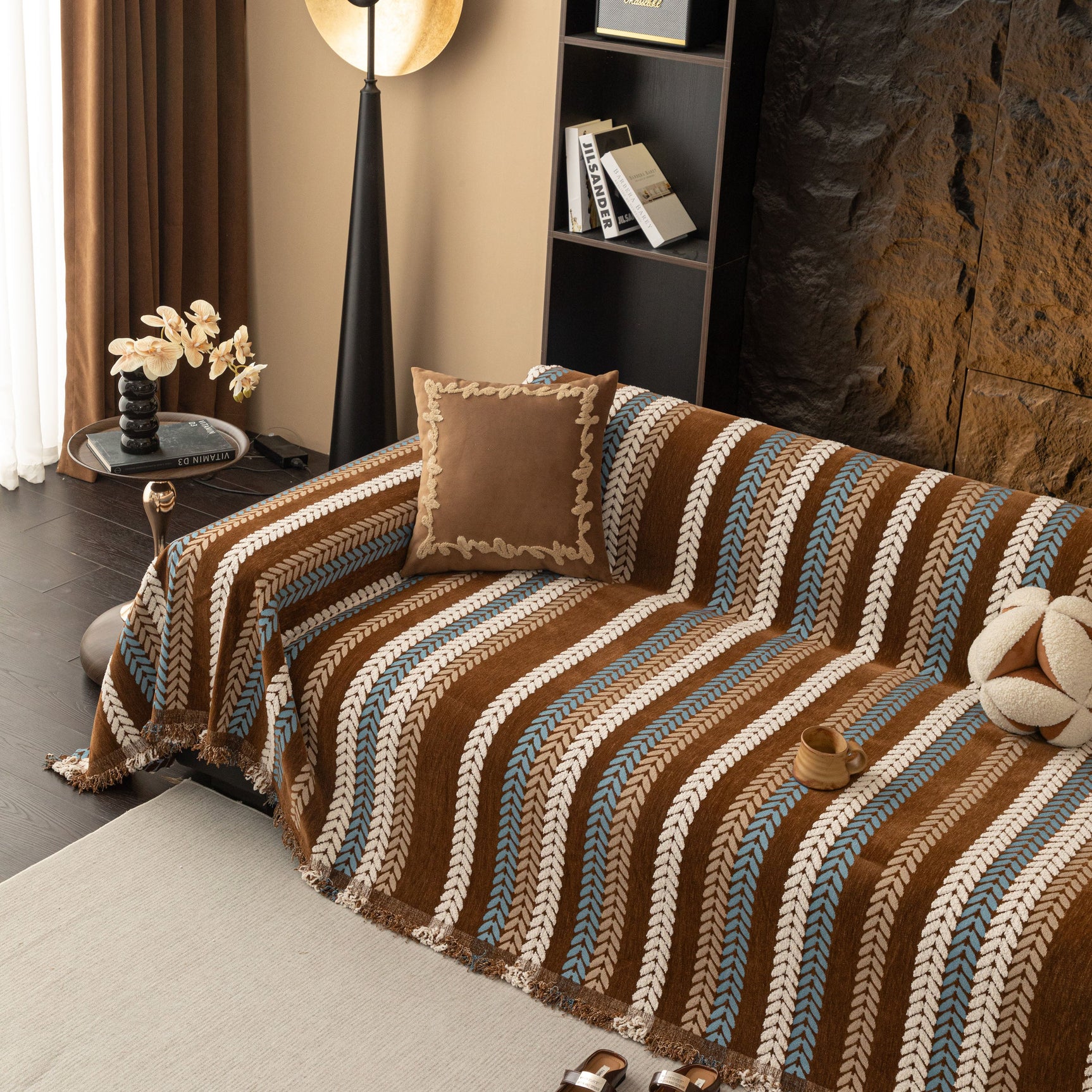 Cozy Decorative Throw Blanket for Couches, Boho Plush Woven Sofa Cover with Stripes - Ornate Home