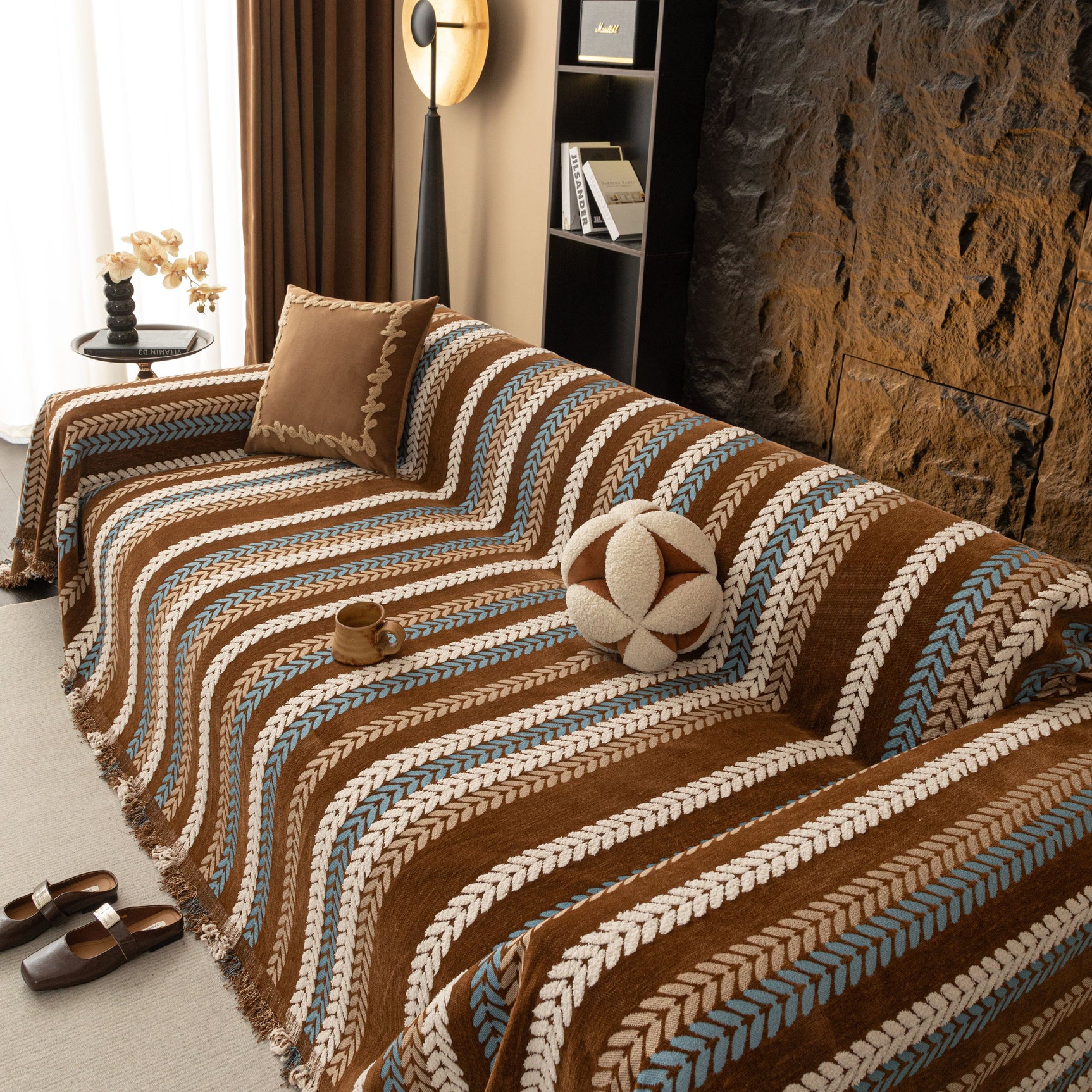 Cozy Decorative Throw Blanket for Couches, Boho Plush Woven Sofa Cover with Stripes - Ornate Home