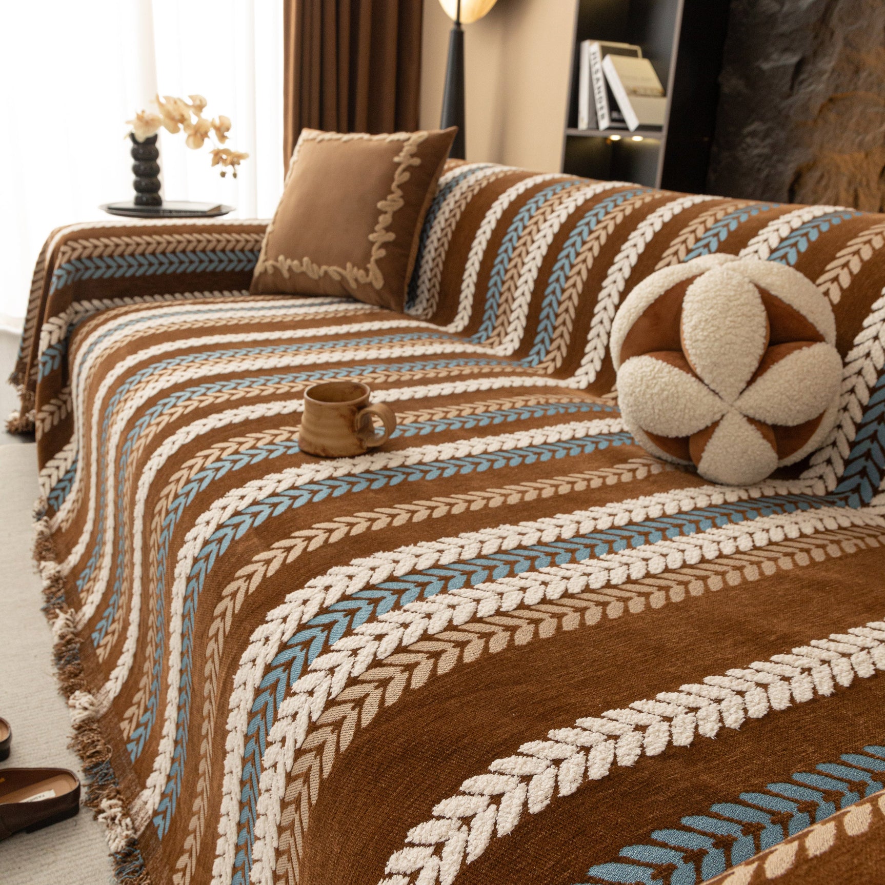 Cozy Decorative Throw Blanket for Couches, Boho Plush Woven Sofa Cover with Stripes - Ornate Home