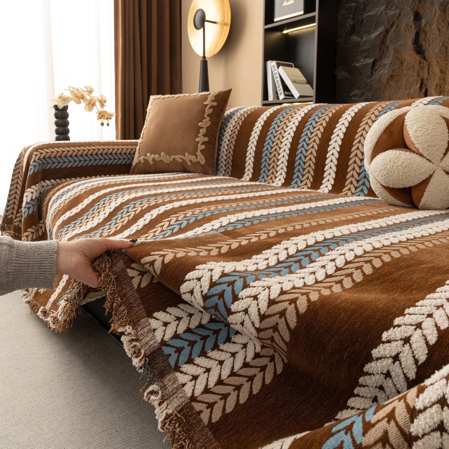 Cozy Decorative Throw Blanket for Couches, Boho Plush Woven Sofa Cover with Stripes - Ornate Home