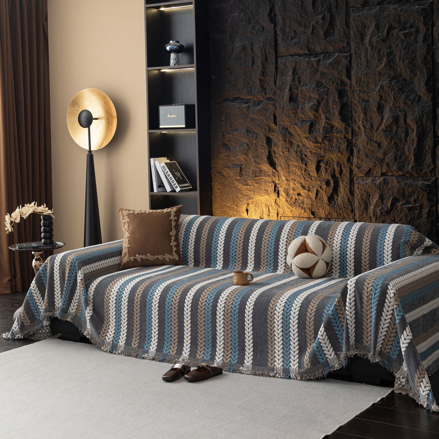 Cozy Decorative Throw Blanket for Couches, Boho Plush Woven Sofa Cover with Stripes - Ornate Home
