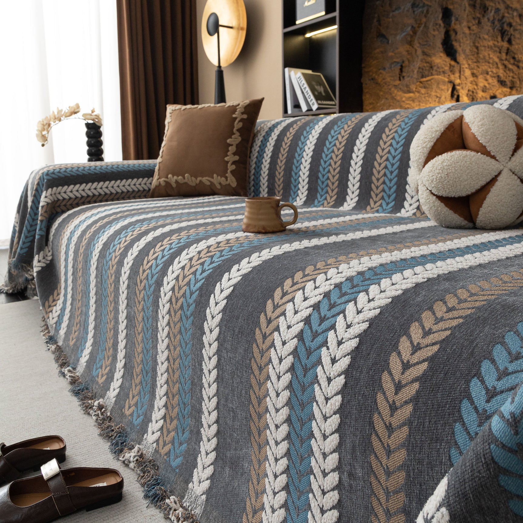 Cozy Decorative Throw Blanket for Couches, Boho Plush Woven Sofa Cover with Stripes - Ornate Home