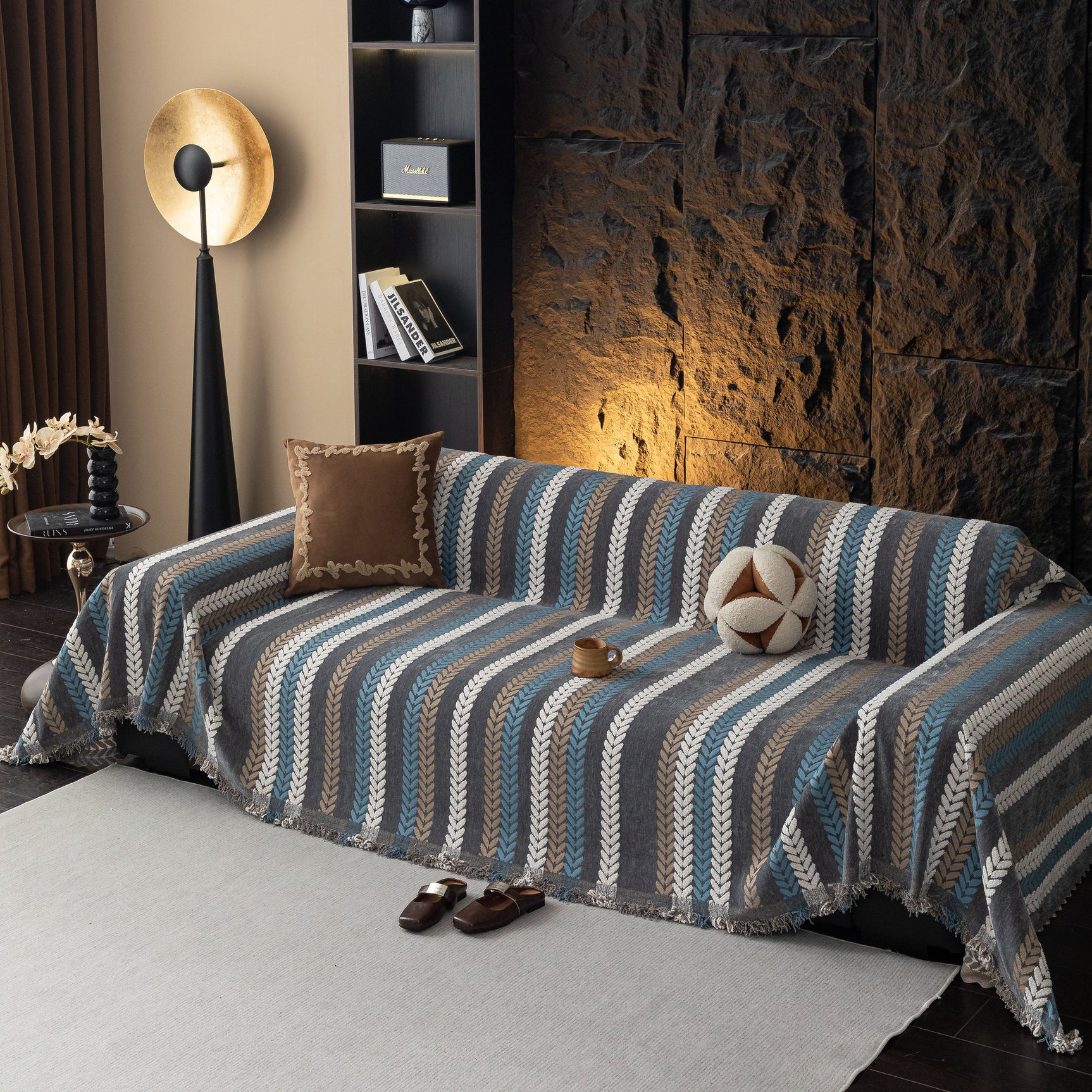 Cozy Decorative Throw Blanket for Couches, Boho Plush Woven Sofa Cover with Stripes - Ornate Home