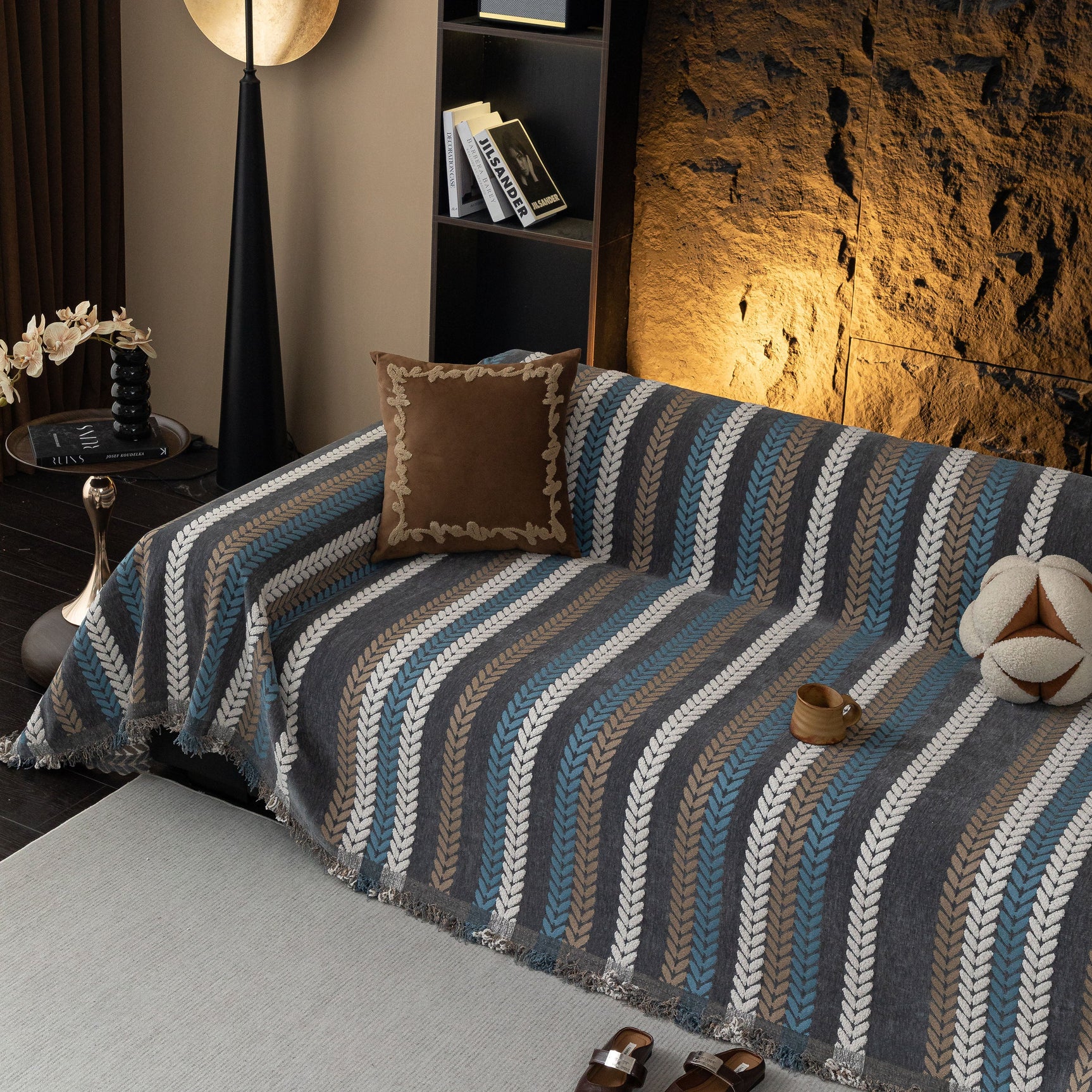 Cozy Decorative Throw Blanket for Couches, Boho Plush Woven Sofa Cover with Stripes - Ornate Home