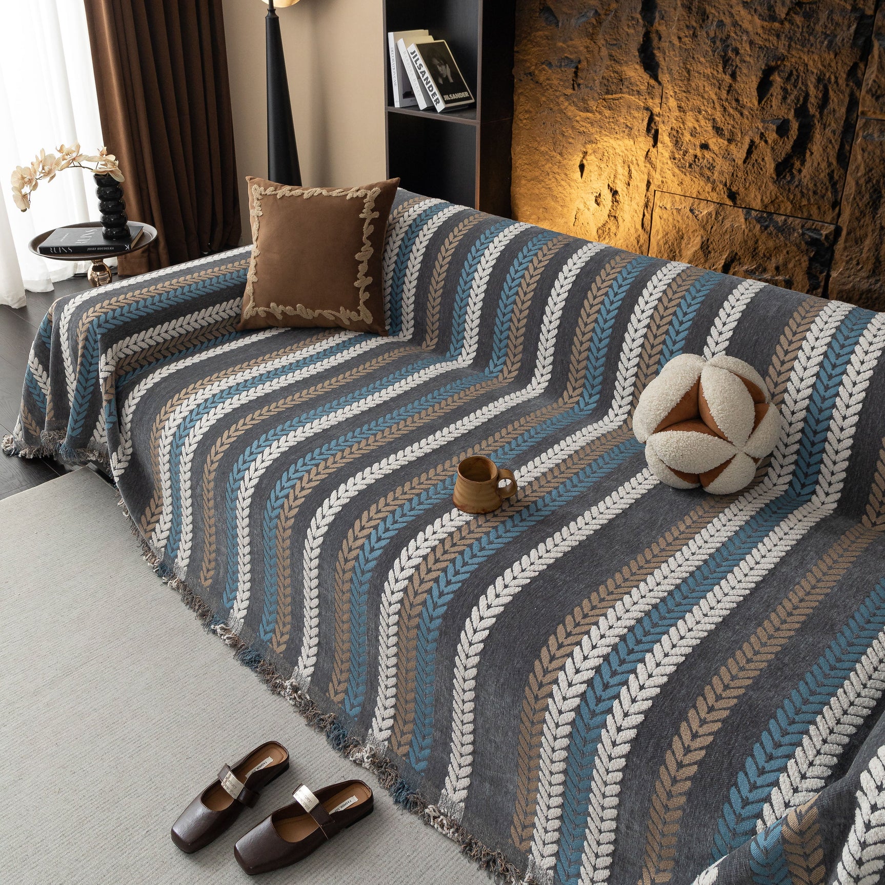 Cozy Decorative Throw Blanket for Couches, Boho Plush Woven Sofa Cover with Stripes - Ornate Home