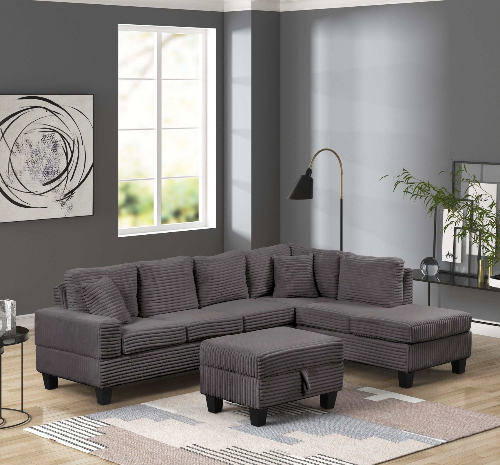 Cozy Gray Velvet RAF Sectional Sofa w/ Storage Ottoman - Ornate Home